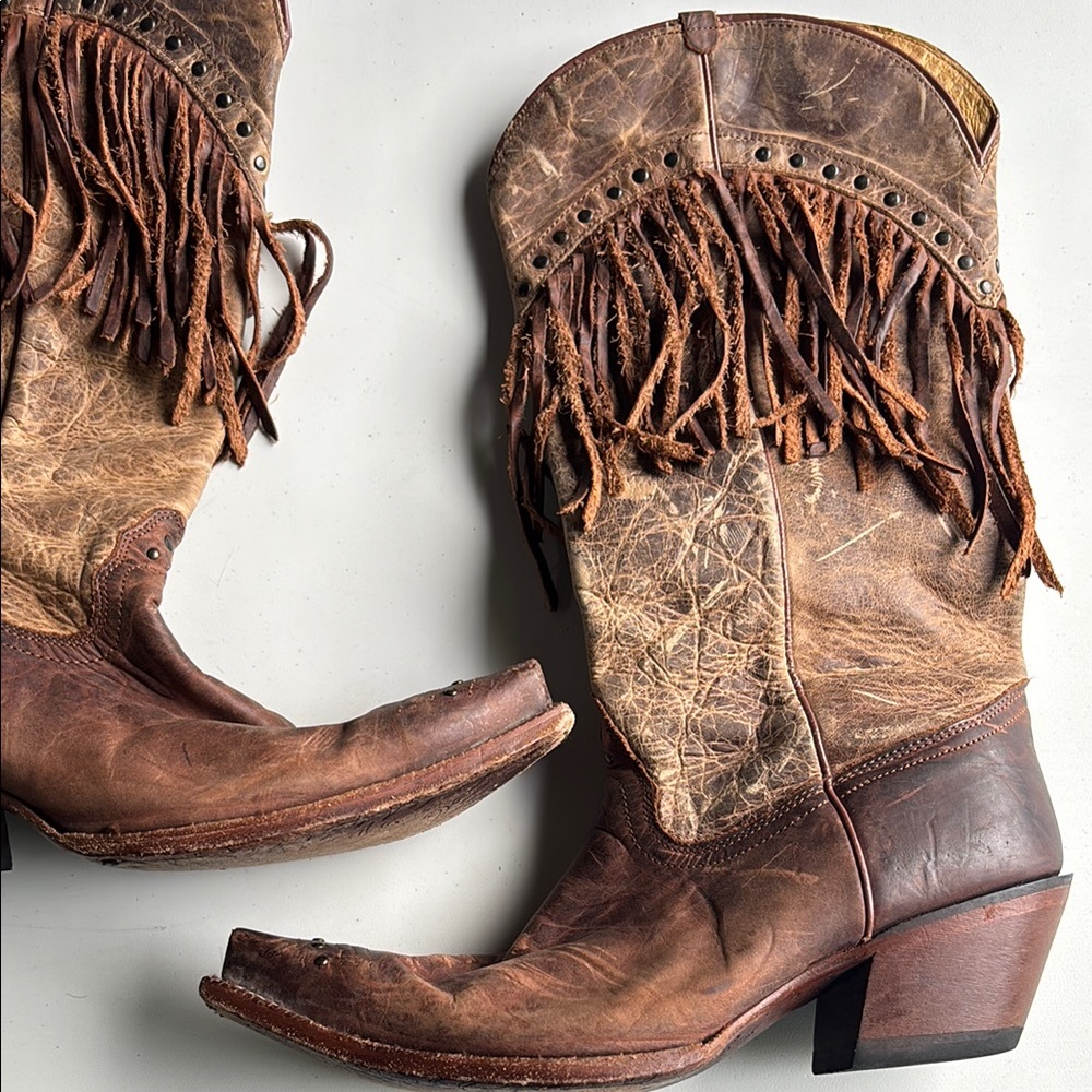 Tony Lama Rustic Brown Distressed Fringe Boots